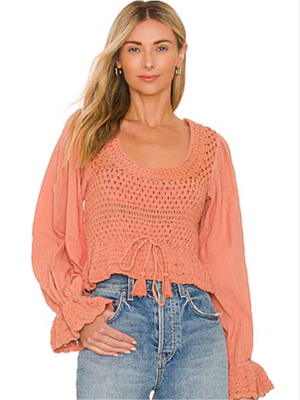 Free People Megan Crochet Drawstring Top in Coral Sand